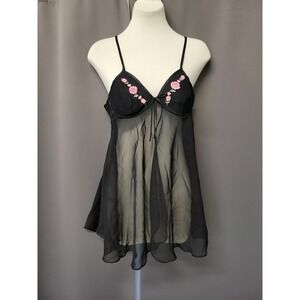 Vintage y2k Cinema Etoile Babydoll Chemise Black Floral Embroidery Sheer Small